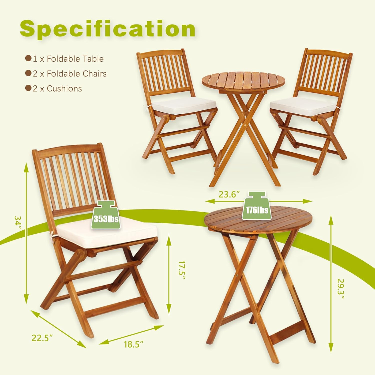 S AFSTAR 3 Pieces Patio Bistro Set, Acacia Wood Bistro Set Folding Chair with Round Coffee Table & Padded Cushion, Outdoor Bistro Table and Chair Set of 2 for Patio, Balcony, Poolside & Porch (Beige)