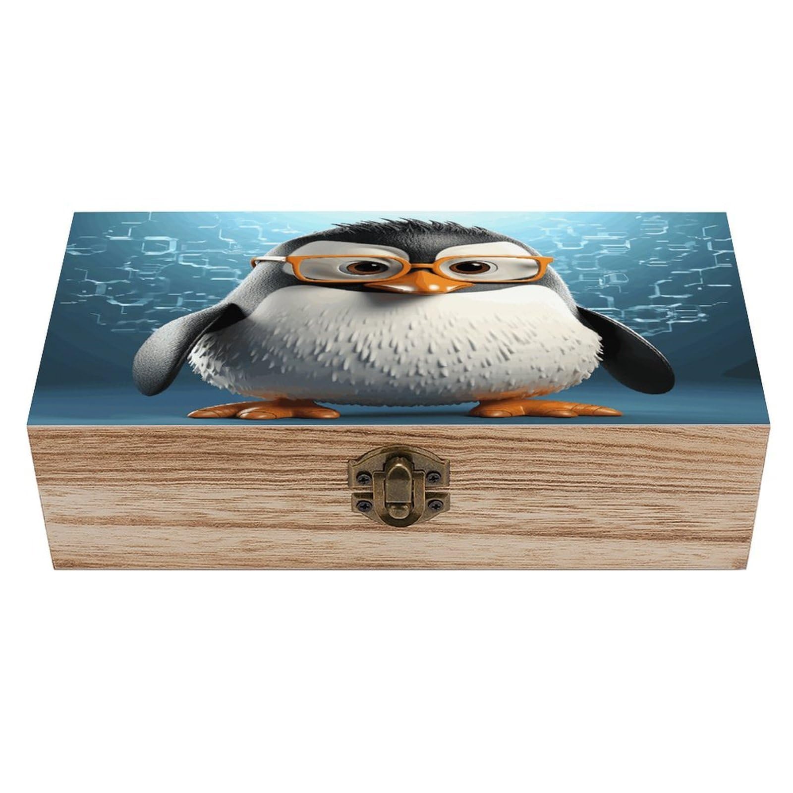 VstaDank Penguin with Glasses Wooden Keepsake Box with Hinged Lid Solid Wood Gift Boxes Beautifully Keepsake Box Jewellery Organiser Retro Memory Treasure Case with Lids Decorative Boxes