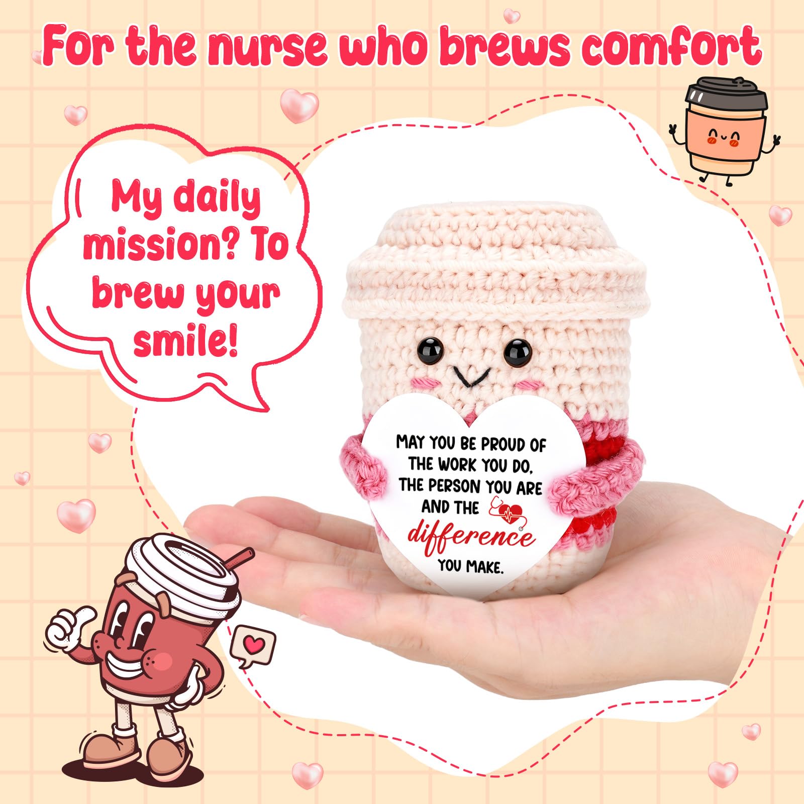 Nurse Week Gifts for Women Female Nurse Appreciation Practitioner RN Nurses Gift 2026 Nursing School Graduation Gifts for Student Preceptor Handmade Crochet Pink Coffee Mug for Mom Sister Friend