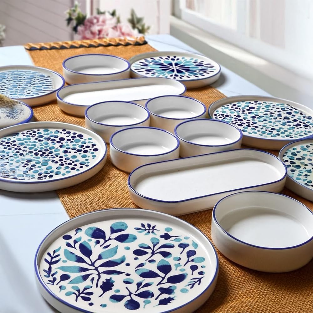 14-częściowy zestaw śniadaniowy dla 6 osób – seria Stackable Blue Ethnic z ceramiki Kütahya – ręcznie wykonany, trwały i można układać w stos – nadaje się do mycia w zmywarce i wysokiej