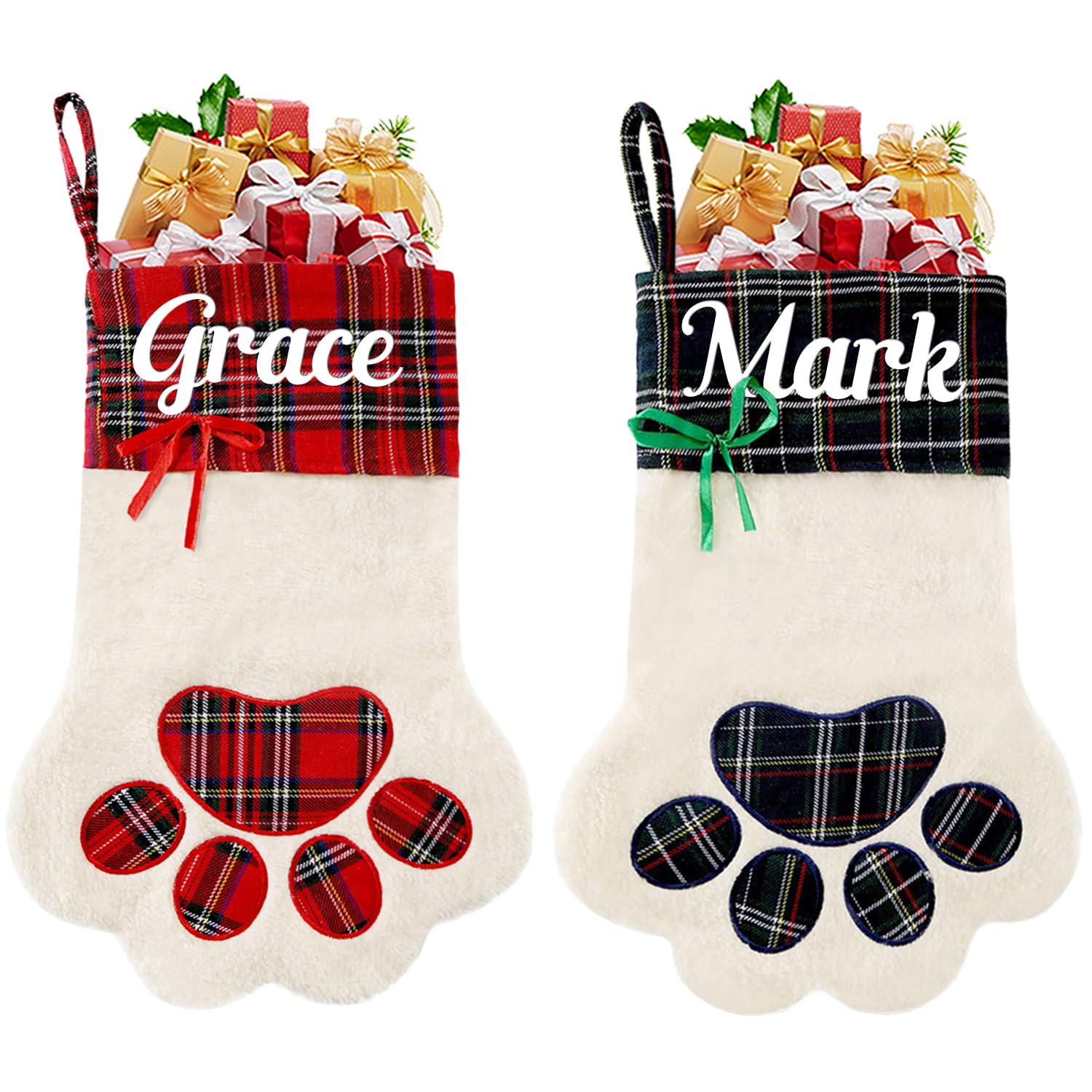 Idiyfun Personalised Dog Christmas Stocking, Custom Pet Paw Christmas Stocking with Name, Customised Xmas Stockings Plaid Cuff, Christmas Hanging Decor, Gifts for Dog, Cat, Pet, Kids, Family Set of 2