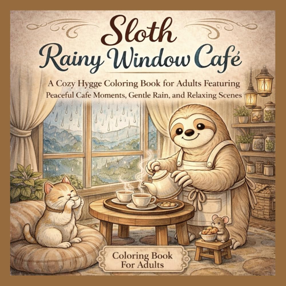 Sloth Rainy Window Café: A Cozy Hygge Coloring Book for Adults Featuring Peaceful Café Moments, Gentle Rain, and Relaxing Scenes