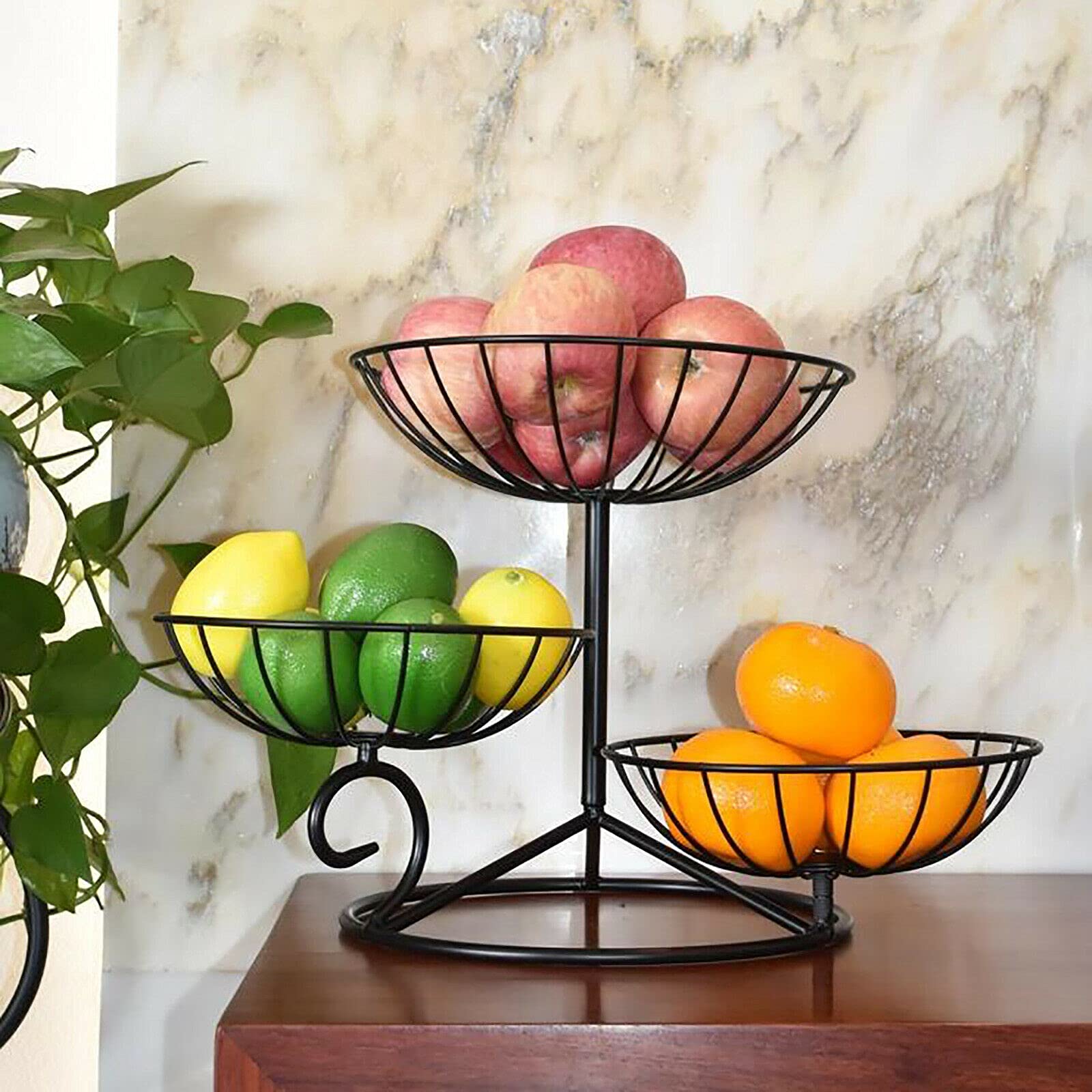 Fruitetagère 3 verdiepingen fruitschaal fruitmand metaal, decoratieve fruitmand groentemand standaard (zwart