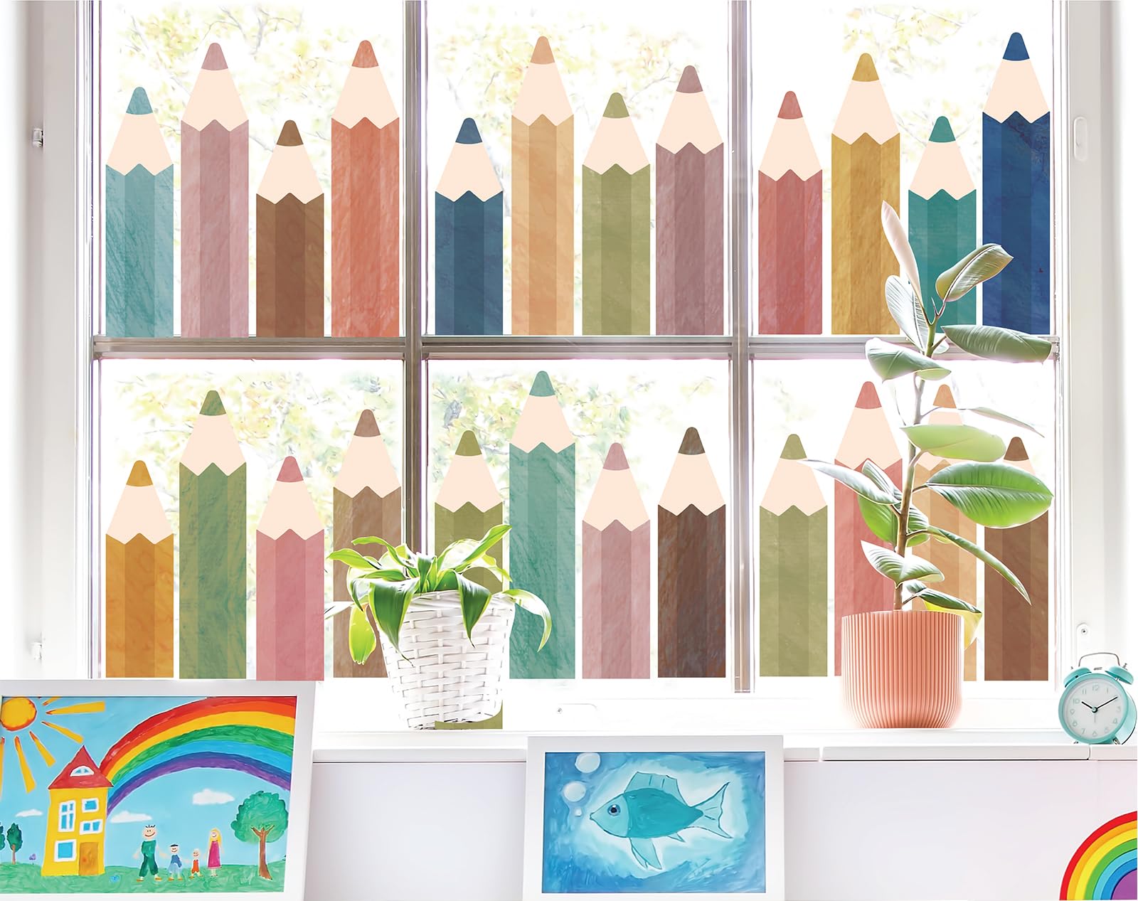 Whaline 9 Sheets Boho Pencil Window Clings Back to School Watercolor Pencil Window Stickers Double-Sided Reusable Glass Decals for First Day of School Classroom Party Decoration