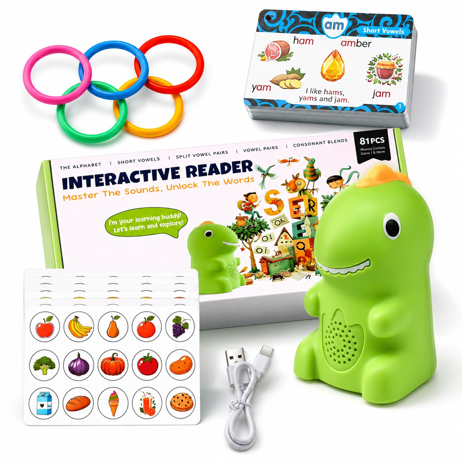 Dinosaur Interactive Reading Pen, Talking Flash Cards Learning Phonics with 73 Cards, Rechargeable, Volume Adjustable (Dinosaur)