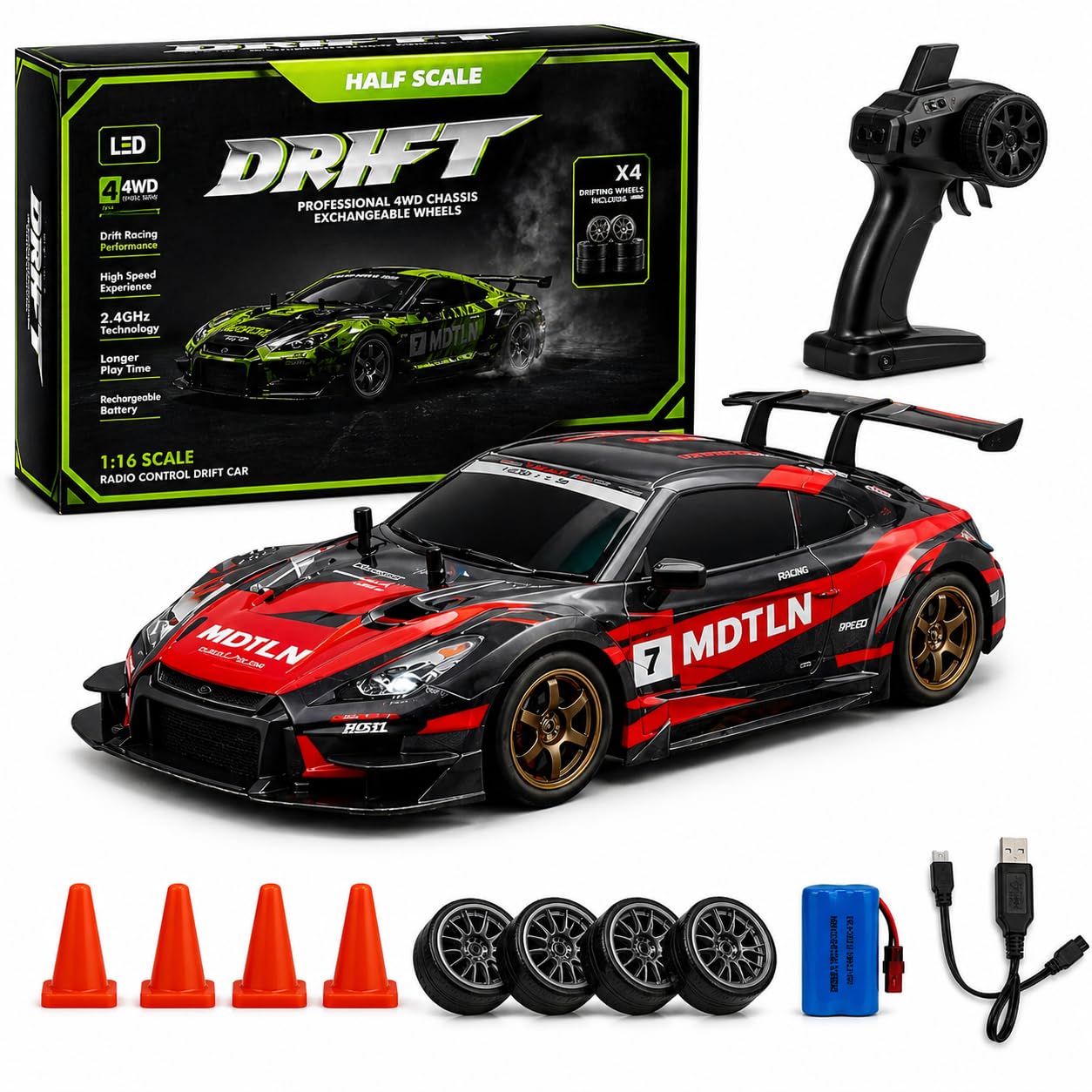 1:16 Scale RC Drift Car, 2.4GHz Remote Control Racing Car, 4WD High Speed with LED Lights, Proportional Steering & Throttle, Extra Drift Wheels for Kids & Adults-image-2