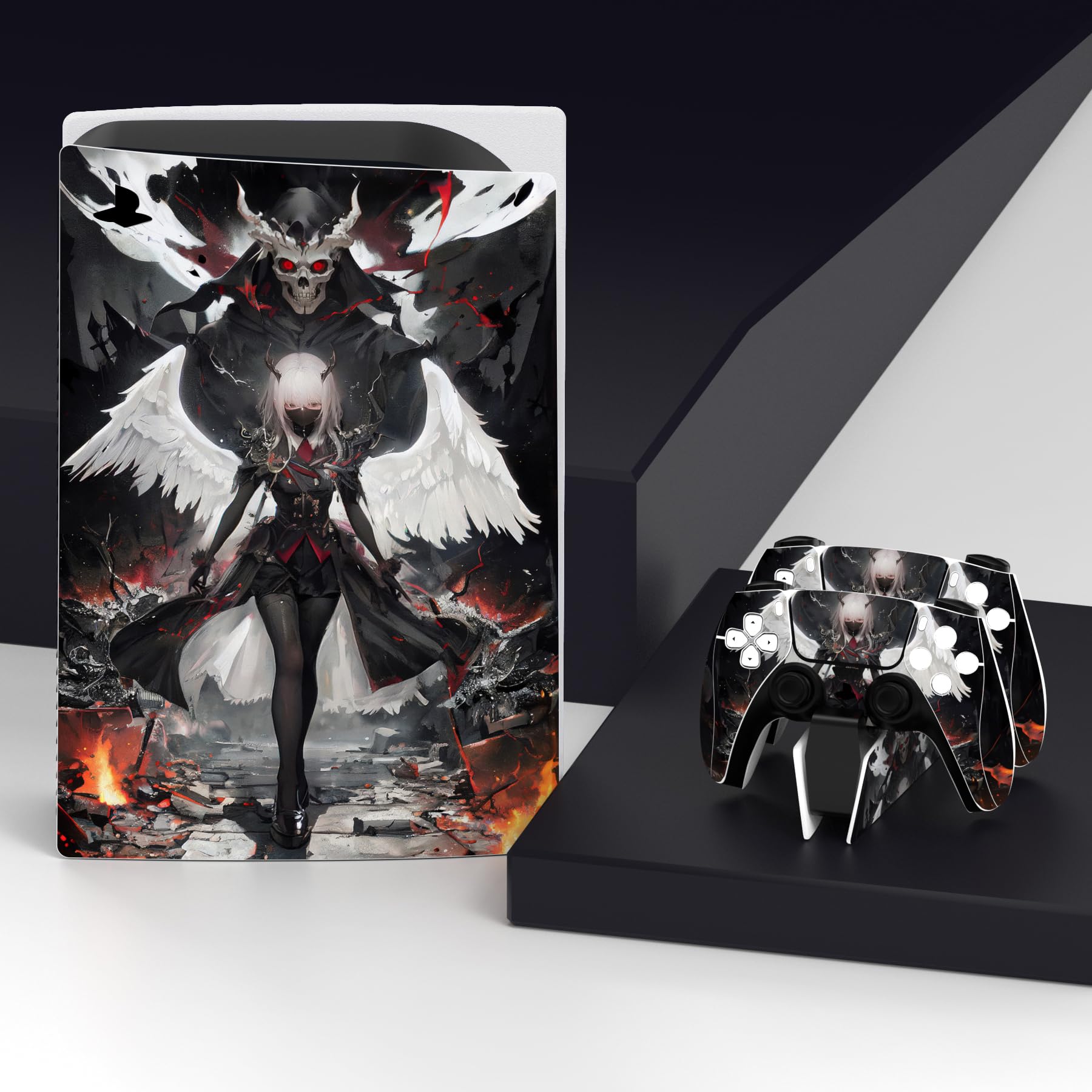 playvital Autocollant Skin pour ps5 Manette,Sticker pour ps5 Console Disc Edition & Station de Charge & Casque & Télécommande-Ange des Ténèbres