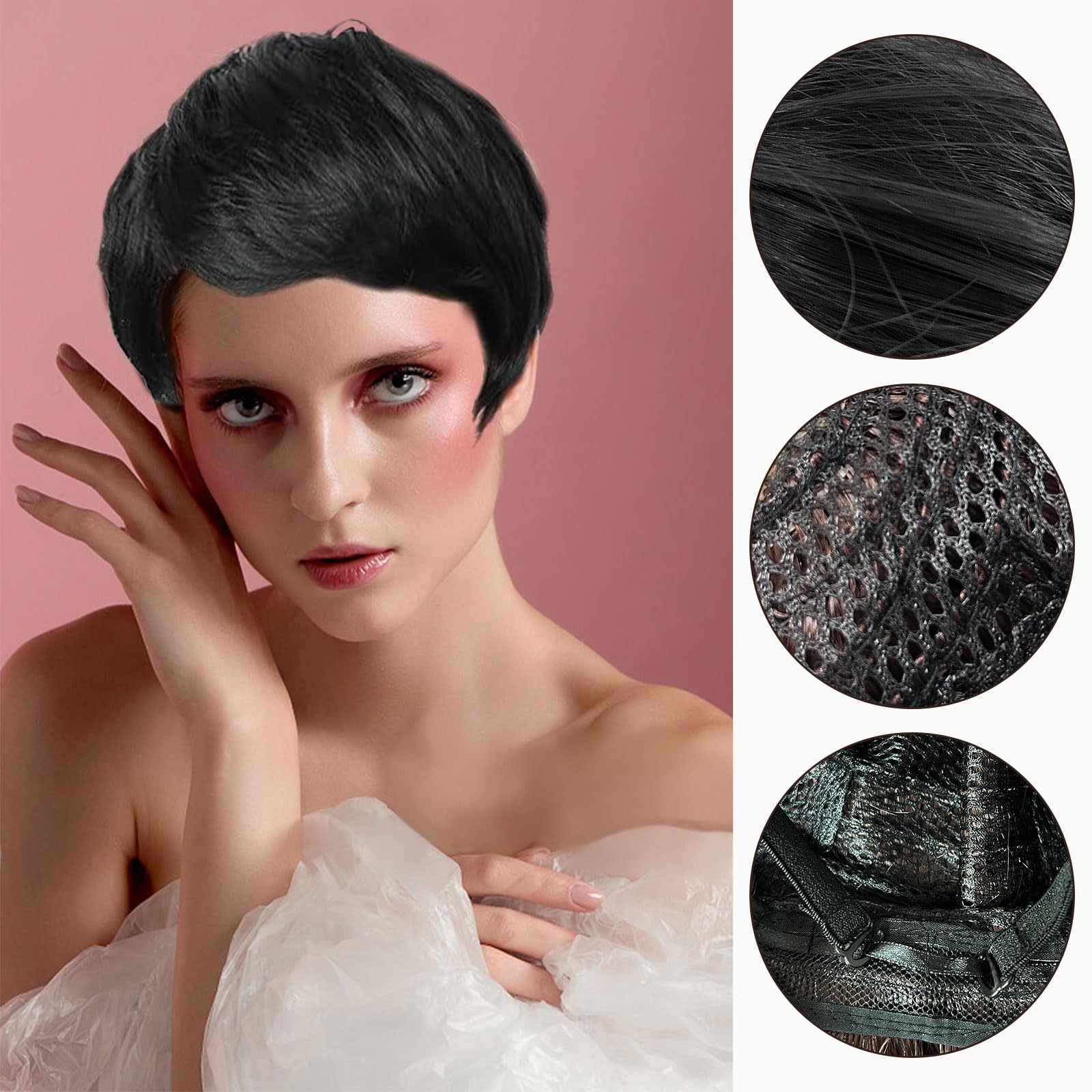 EUPSIIU Short Human Hair Wigs for Women Short Wigs Pixie Cut Wigs with Bangs Synthetic Women for Daily Use Fancy Dress Cosplay Halloween Daily Costume Replacement Wig(Black) - Image 4