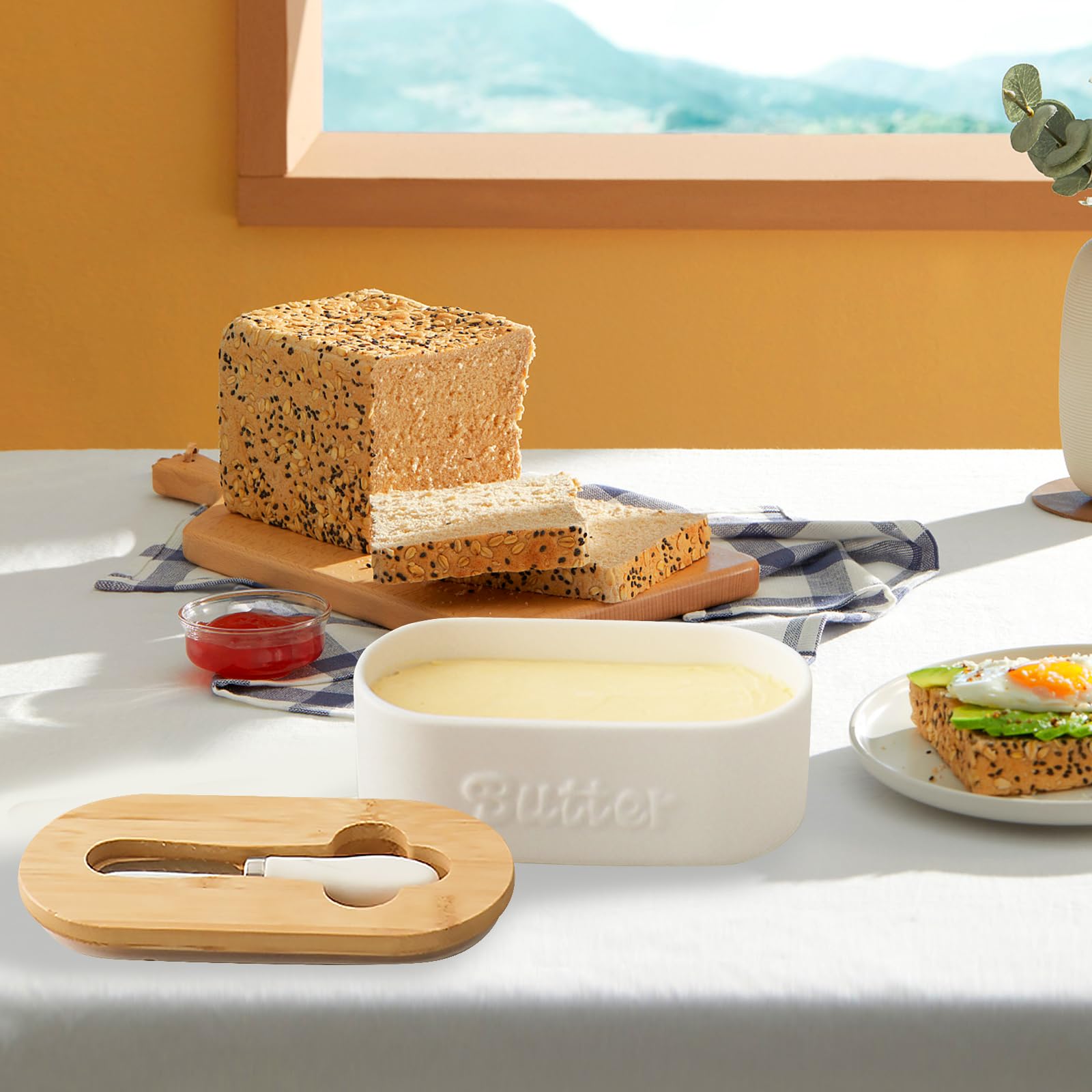 Beurrier En Porcelaine Avec Couvercle En Bois Et Couteau - 500 Ml, Design Rétro, Pour Beurre Et Fromage