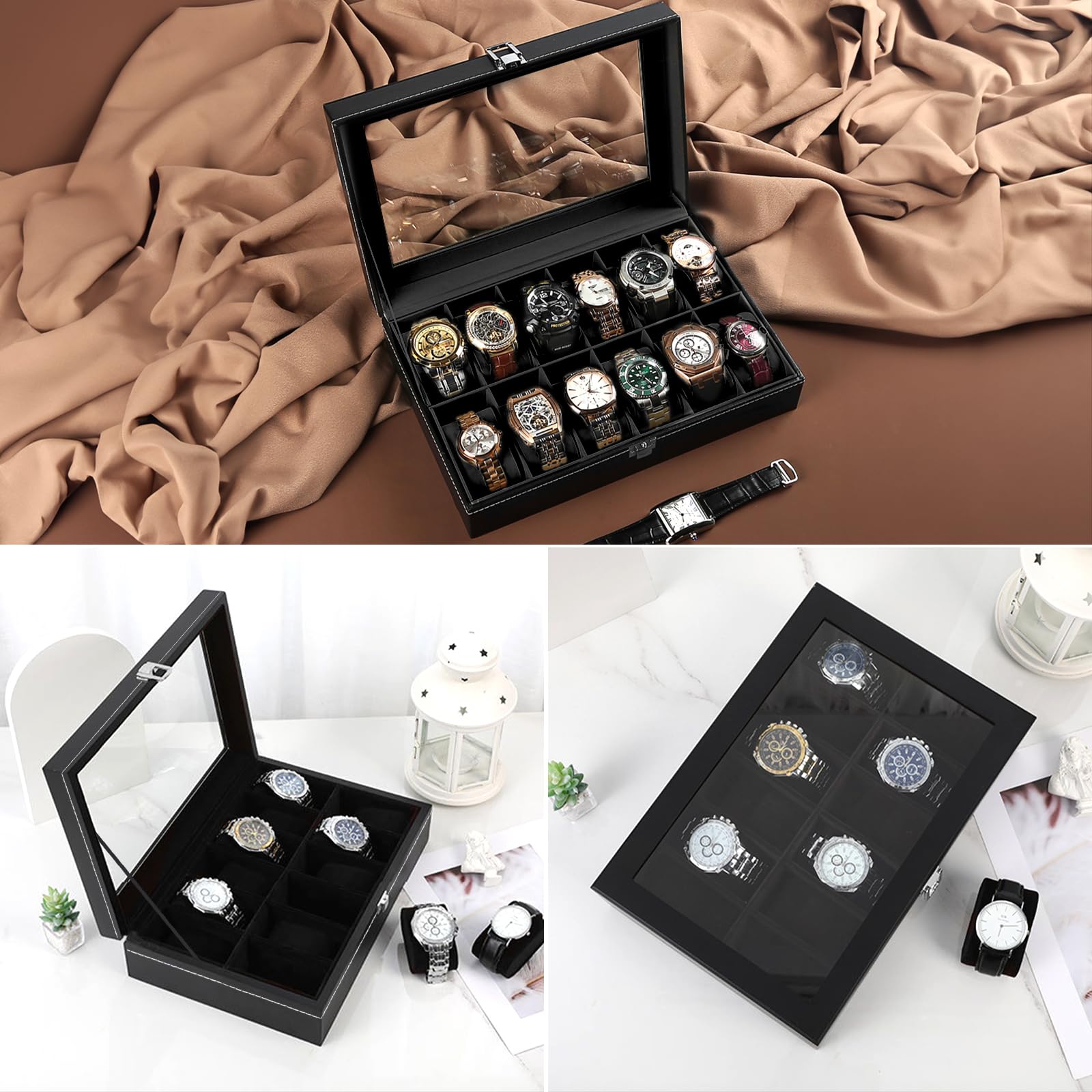 Estuche Relojes 12 Compartimentos Organizador Piel Sintética Almohadilla Extraíble Negro