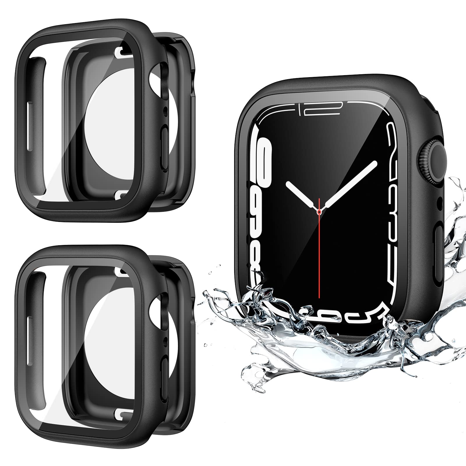 HWeggo [Pack of 2] Waterproof Case for Apple Watch Series 9/8/7, Protective Case 41 mm, 360° PC Cover with Tempered Glass Screen Protector, Front & Back Bumper for iWatch 9/8/7 (Black x 2)