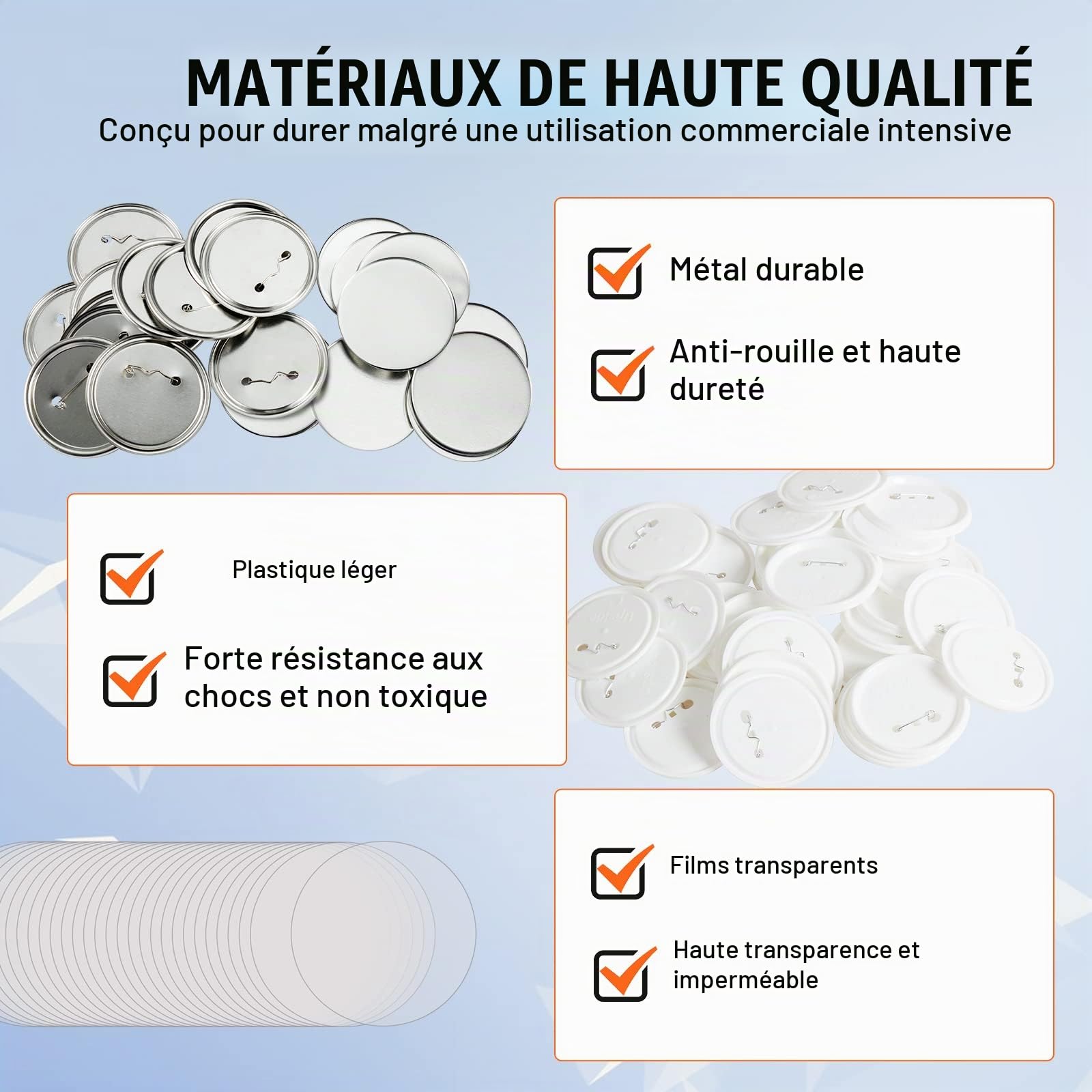 VEVOR Badge Personnalisé 75 mm 200 Kits de Consommables Badges à Épingles Fournitures pour la Fabrication de Badge Rond avec Couvercle Fond Plastique Métallique Papier Film Machine à Badges Bricolage