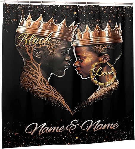 Miniatura 4 de Cortina de ducha de pareja afroamericana con nombre, juego de cortinas de ducha románticas de tela negra con nombre, juego de cortina de baño
