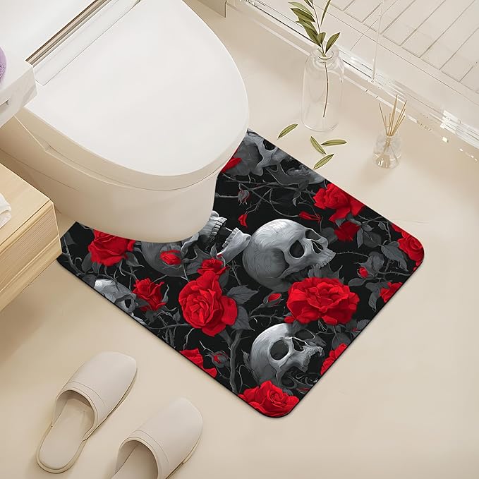 Skull Flower Halloween U Shaped Toilet Rug Mat 24