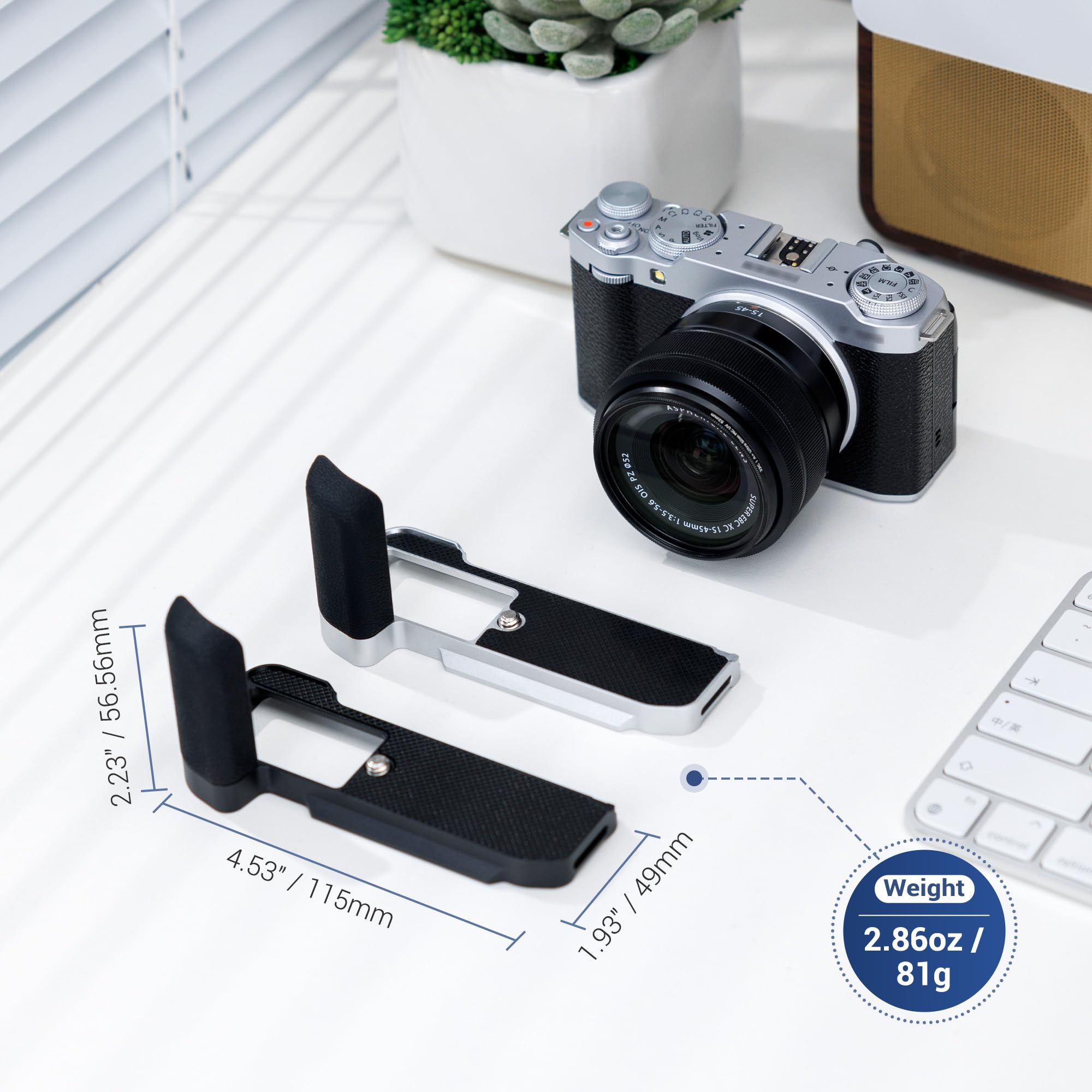 JJC XM5 - Impugnatura in Metallo per Fotocamera Fujifilm Fuji X-M5, Piastra di Supporto a Sgancio Rapido Arca Swiss, con Staffa a L in Silicone Antiscivolo, Impugnatura Migliorata, Argento