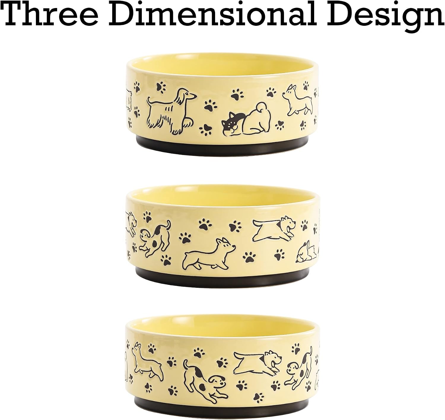 Bico Happy Dogs Yellow Ceramic 76oz Pet Bowl, for Large Size Dog, Puppy, Cat, Kitten, Durable and Dishwasher Safe Stoneware