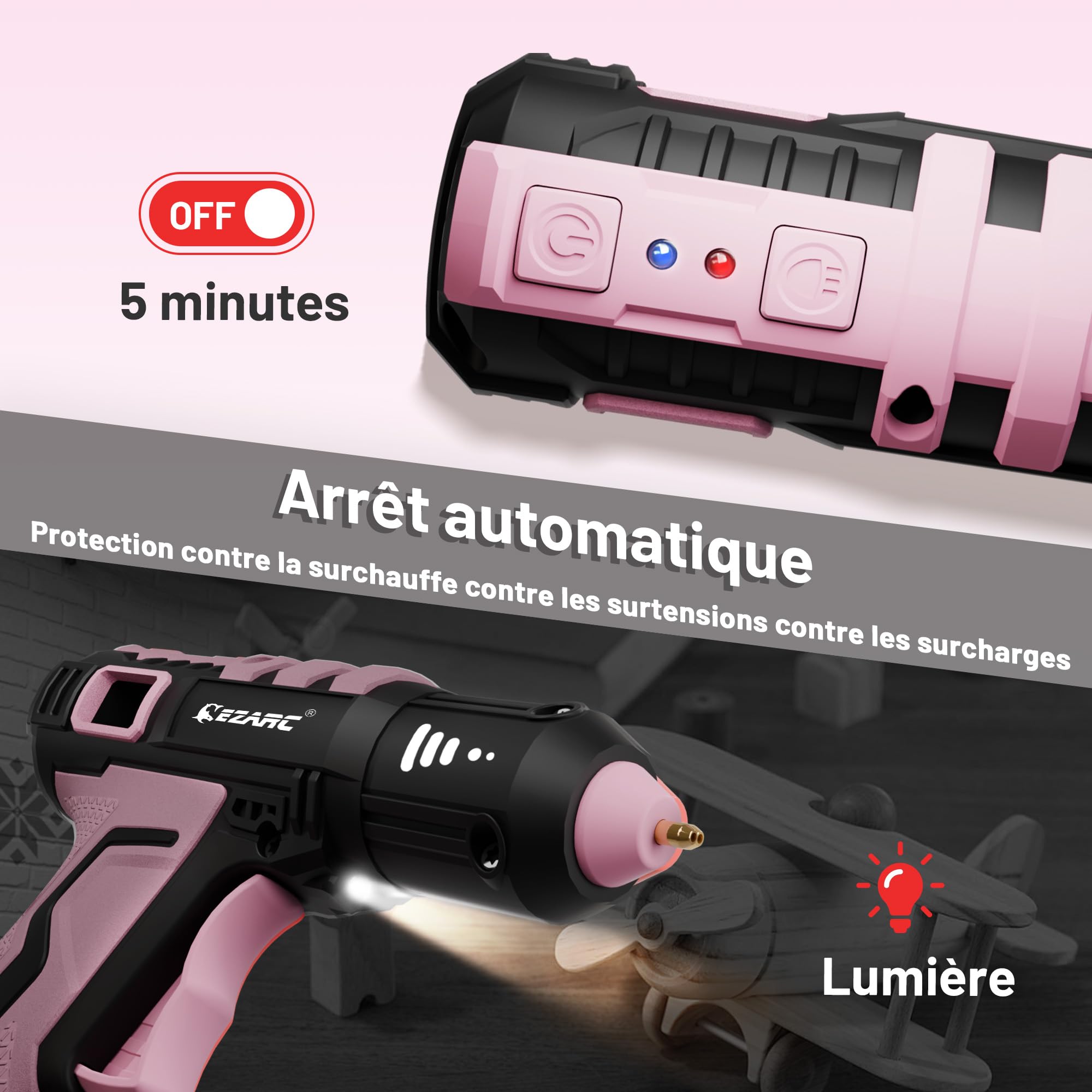 EZARC Pistolet à Colle Sans Fil, Chauffage Rapide 15s, 12V, Mini Pistolet à Colle pour Bricolage, Réparations Maison, Projets Scolaires, Décorations, avec 50 Mini Bâtons de Colle, Rose
