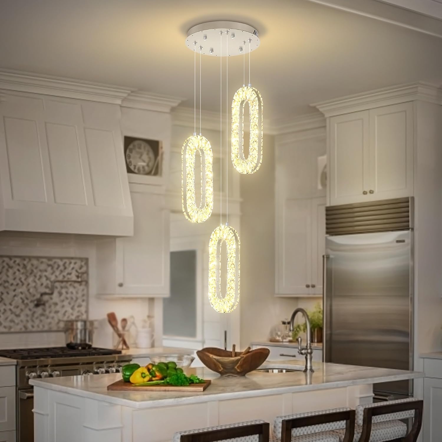 Modern Crystal Pendant Light Silver Ring Pendant Light Fixtures LED Dimmable Pendant Lighting for Dining Room Kitchen Island Bedroom Foyer