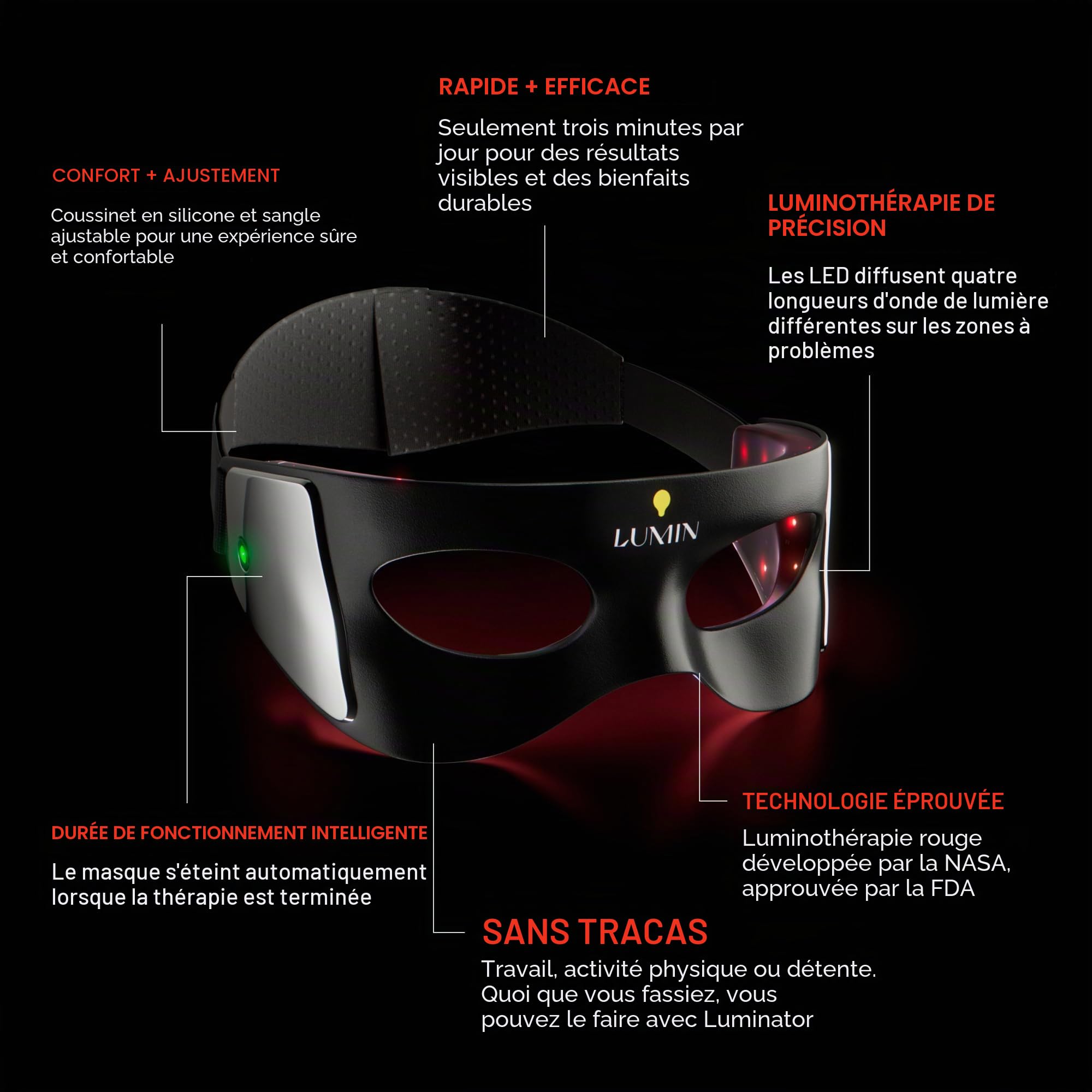 Lumin ator Masque pour les yeux LED pour homme et femme, stimule le collagène, réduit les cernes et les rides, thérapie par la lumière rouge pour le traitement sous les yeux et le rajeunissement