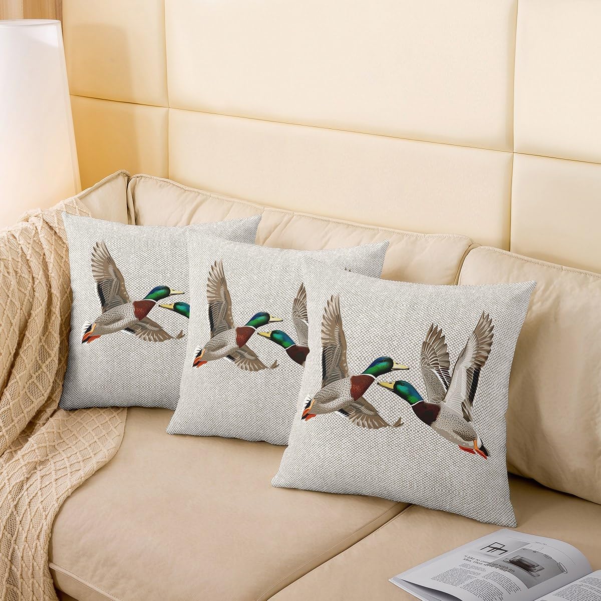 Erosebridal Mallard Duck Throw Pillow Covers Pack of 2,Lake Wild Animal Pillow Covers for Kids,Grey Honeycomb Cushion Covers,Modern Geometric Hexagon Decorative Accent Pillow Cases 24x24 Inch