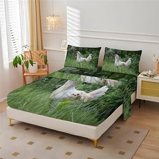 Hen Full Size Sheet Sets - Bantam Chickens Bed Sheets Set with 1 Fitted Sheet,1 Flat Sheet and 2 Pillowcases for All Season Without Filler 4 Piece (Fitted Sheet, Flat Sheet, Pillow Case)