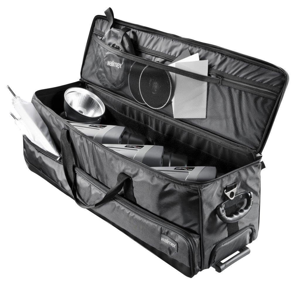 Walimex Pro Studio-Trolley XL – schwarz – 1027 x 379 x 324 mm – inkl. ausziehbaren Trolleygriffs, gepolsterten Schultergurts, variabler Inneneinteilung, Hartgummiräder – Stativtasche, Kameratasche