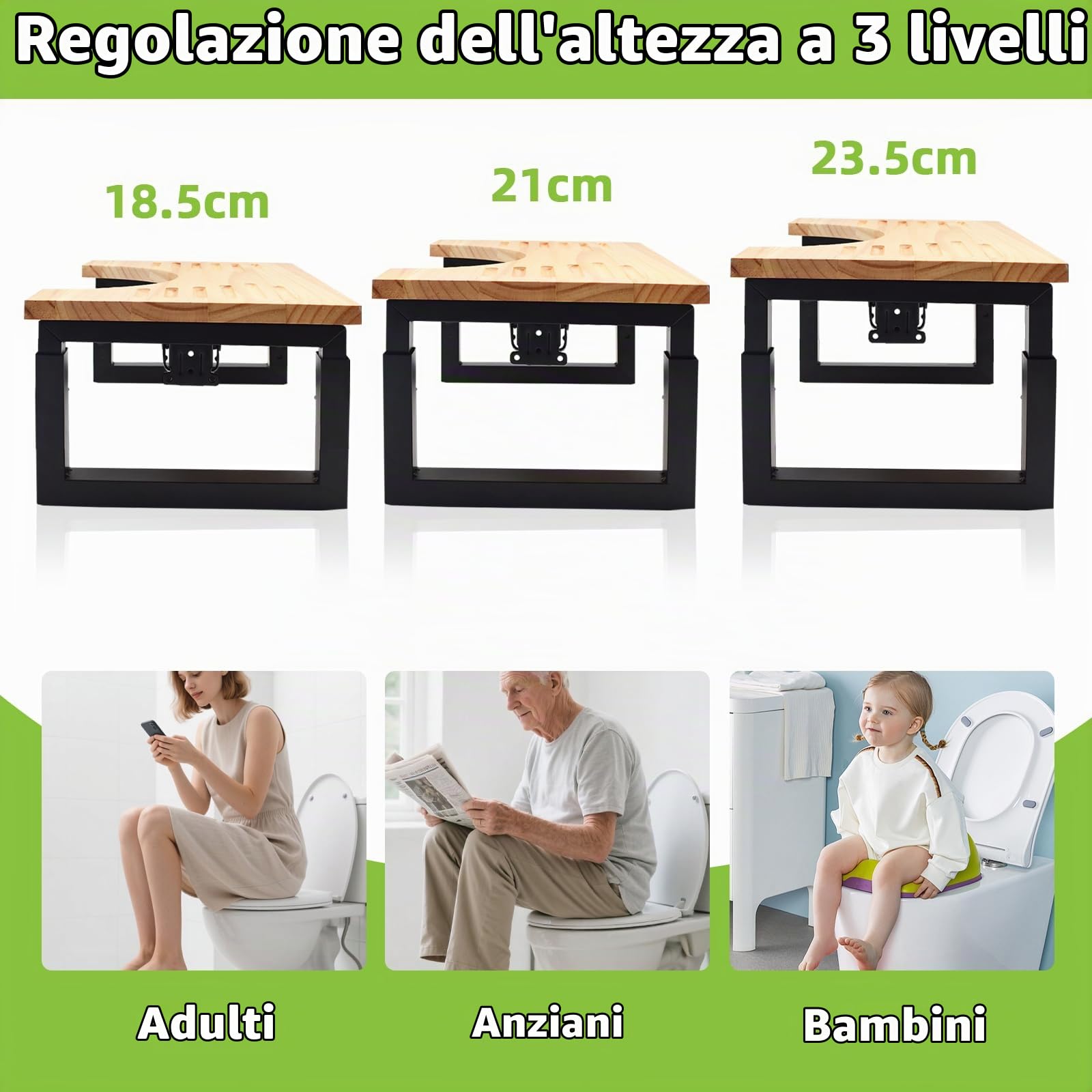 Sgabello WC Pieghevole in Legno, Altezza Regolabile Sgabello Poggiapiedi Bagno con Pad Antiscivolo, Squatty Toilette per Adulti Bambini e Anziani