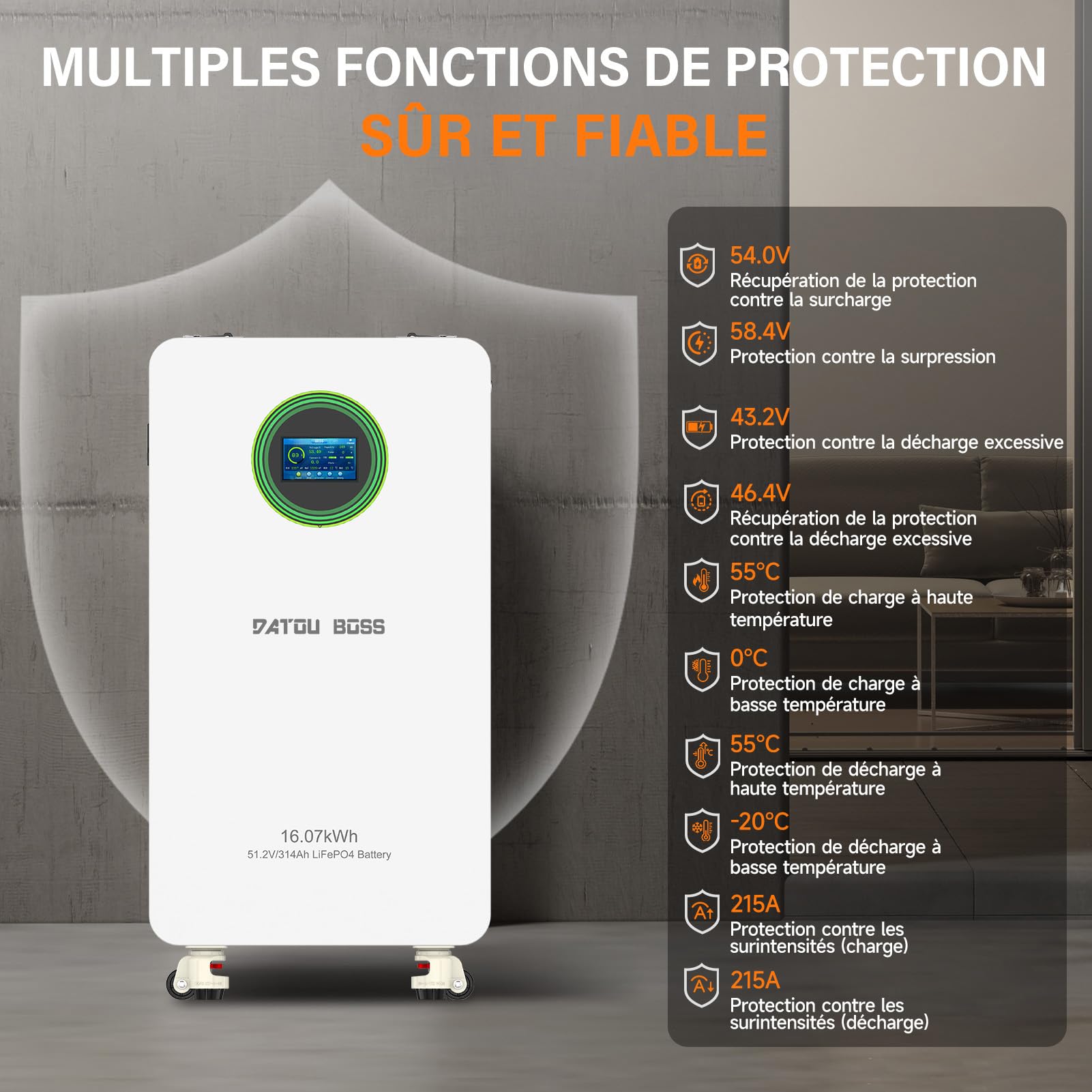 DATOUBOSS Batterie Lithium Fer Phosphate 48V 314Ah 16,07kWh, BMS 200A Intégré Écran LCD, Communication RS485/CAN, Stockage Énergie pour Maison, Système Solaire, Camping-Car et Applications Hors Réseau