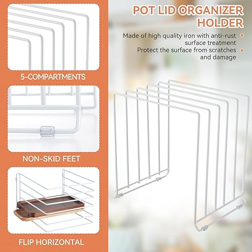 Miniatura 3 de Zonon Organizador de tapa de 4 piezas, bandeja de almacenamiento, estante dividido para tapa de olla con 5 ranuras para gabinete de cocina,