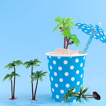 Jovitec 16 Pieces Plastic Palm Tree Cake Topper Small Green Palm Coconut Tree Cake Decorations 5.5 Inch Hawaiian Tropical Cupcake Topper