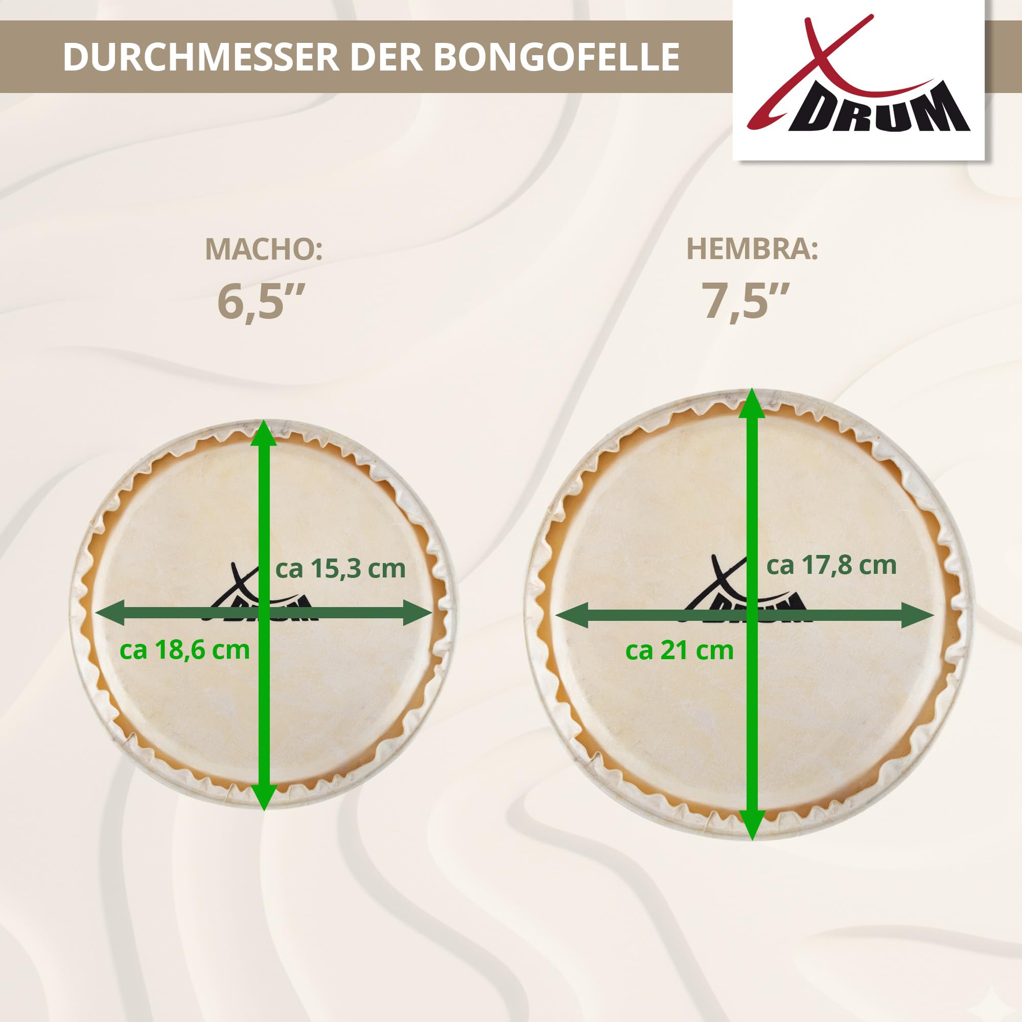 XDrum Bongos Pro Tobacco, 2 tambores ("macho" y "hembra"), 5" (17 cm) y 7 | Tamaños de bongo: 6, 5" (17 cm) y 7, 5" (20 cm), Parches naturales, Madera: abedul, Herrajes cromados, 5 x 41 x 21 cm