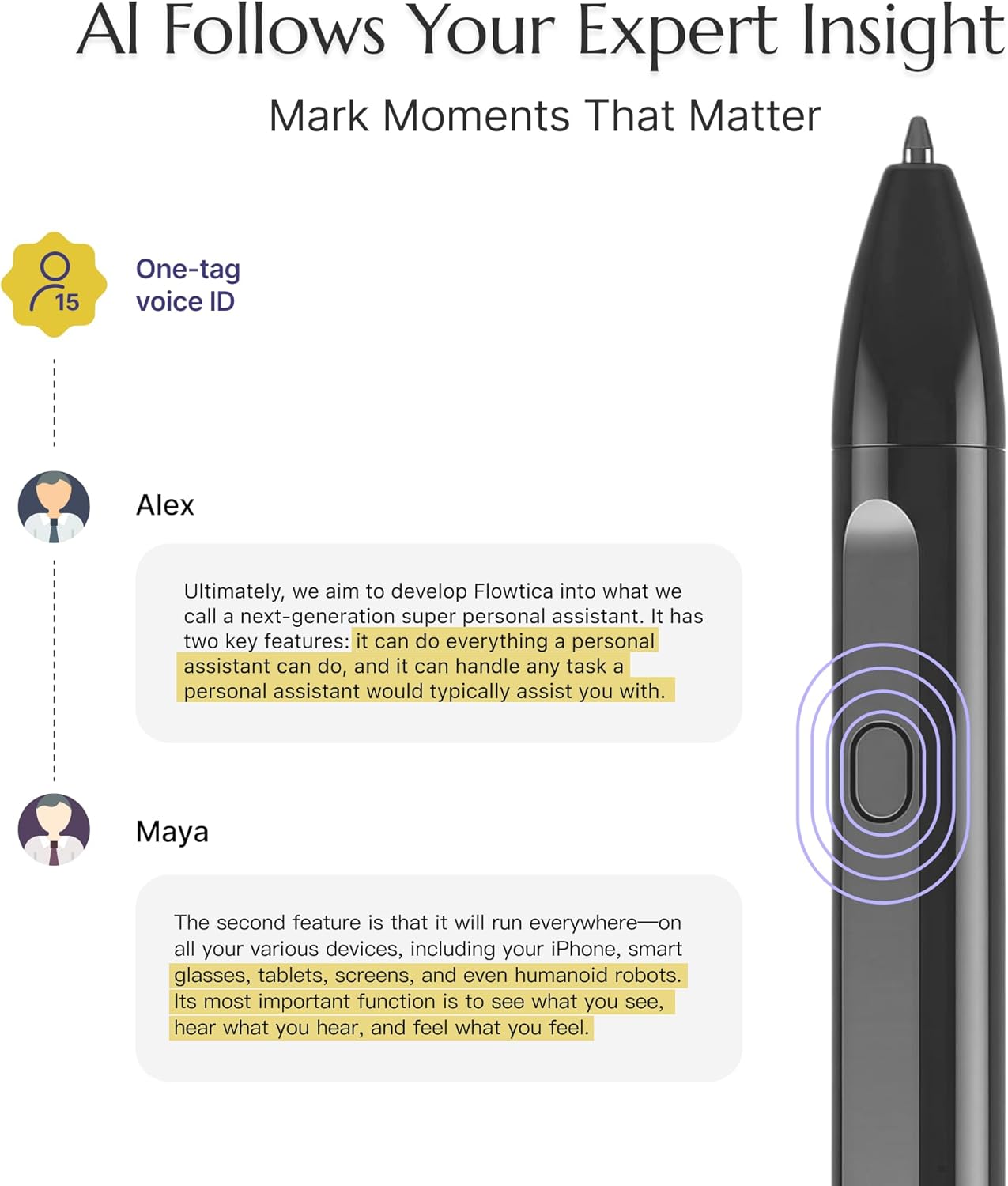 Flowtica Scribe AI Voice Recorder, App Control, Transcribe & Summarize, One-Press Highlight, HiFi Audio, Background Auto-Sync, Note Taker for Meetings & Lectures, Ultra-Slim, Charging Case Included