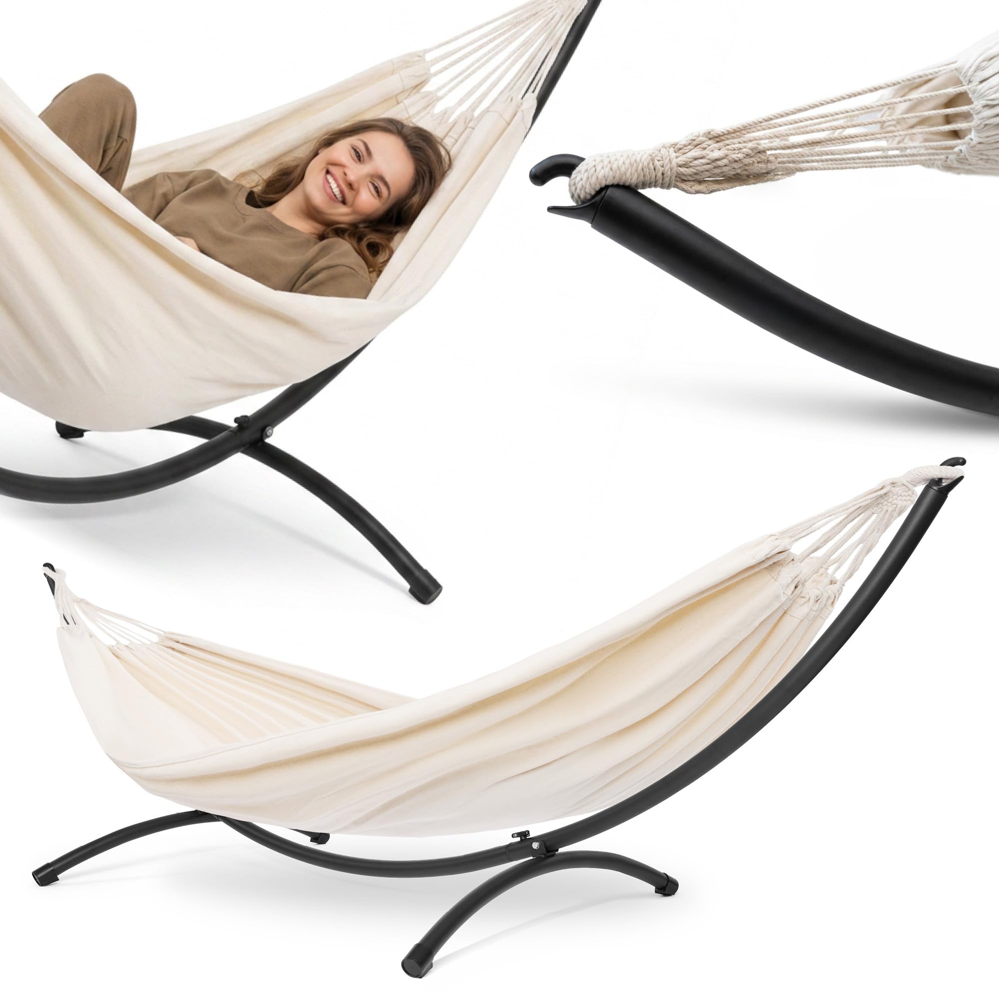 HyperMotion Set Hängematte mit Metall-Bogengestell, Beige, 50% Polyester und 50% Baumwolle, 200x150cm, 1,35kg, bis 100kg