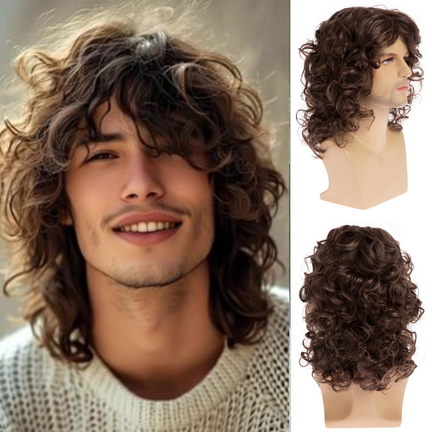 Beweig Mens Brown Wig Short Curly Anime Cosplay Wigs Halloween Cosplay Costume Hair Wig for Daily Use