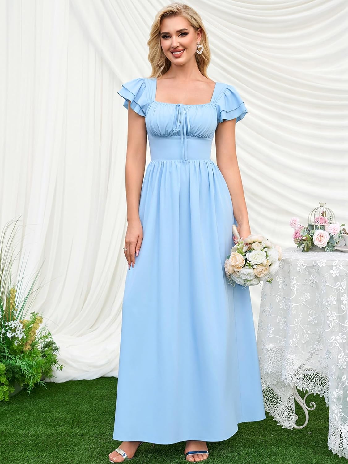 Auraxe Summer Casual Midi Dress Squrae Neck A Line Bridesmaid Dresses for Wedding Guest Smocked Wrap Maxi Beach Sundress - Image 5