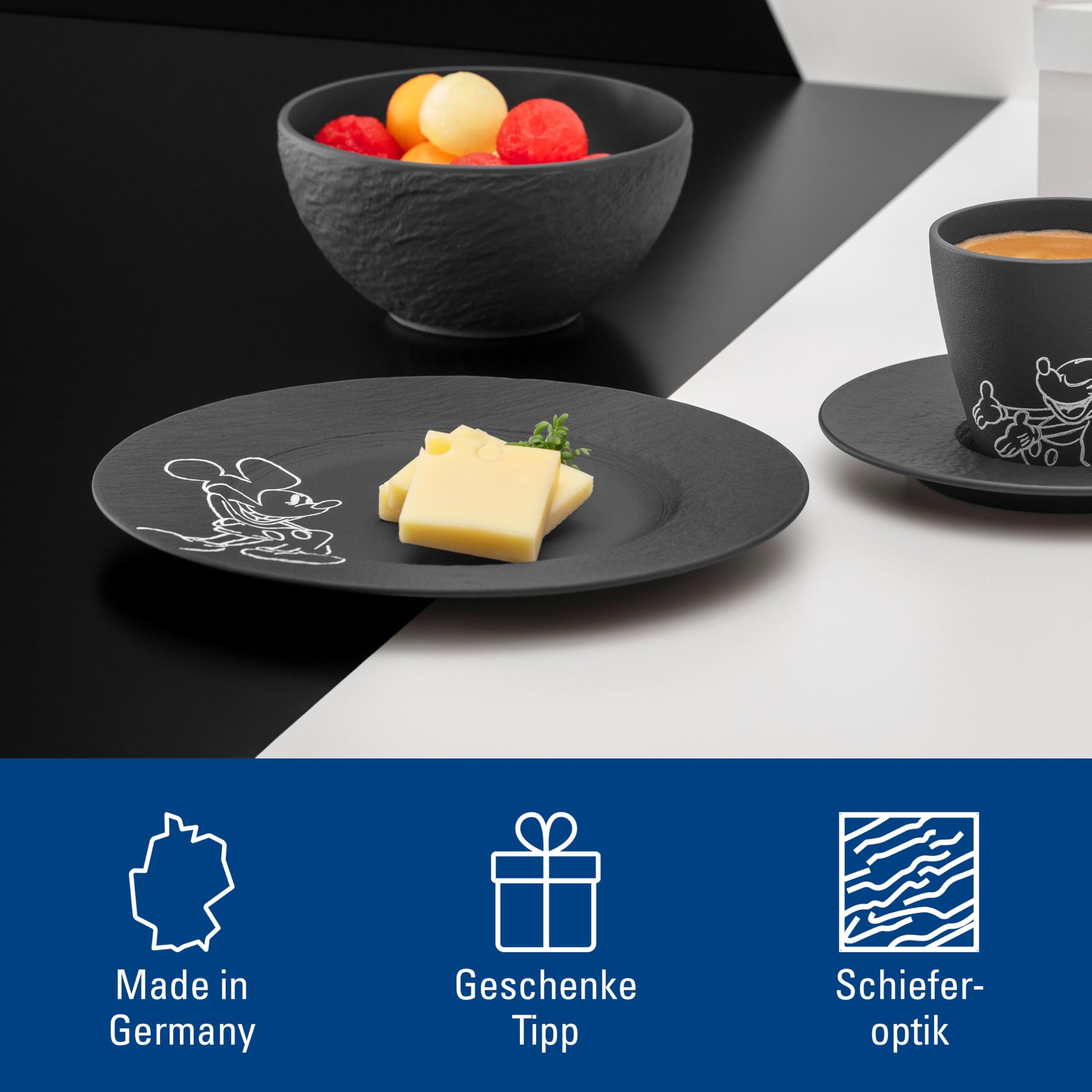 Villeroy & Boch Manufacture Rock – Mickey Mouse – Frühstücks-/ Dessertteller, 2-teilig, schwarz/weiß, spülmaschinenfest & mikrowellensicher, Schieferoptik mit Mickey Mouse Dekor, Premium Porzellan