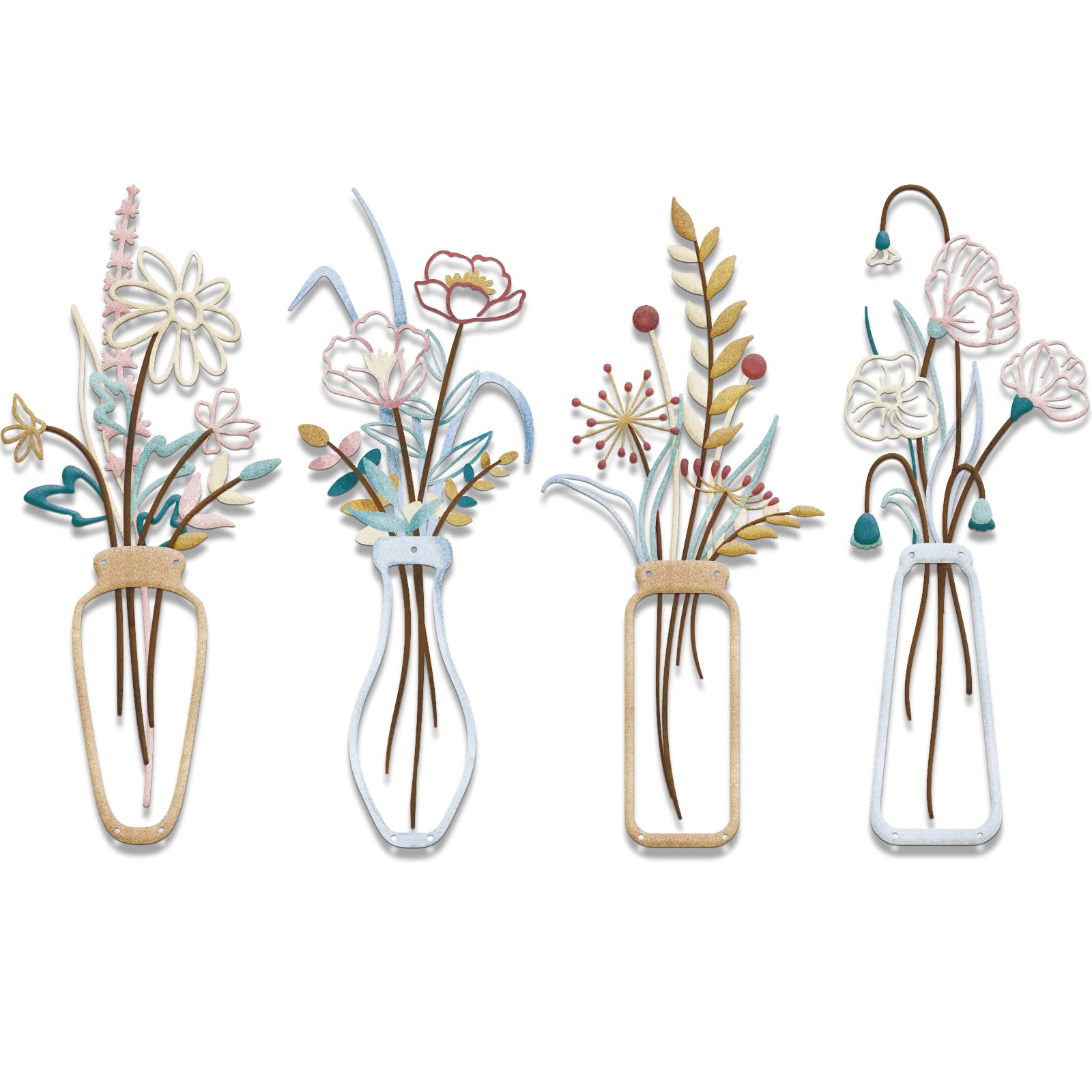 TWINKLEMON 4 Pcs Multi-coloured Metal Flower Wall Art, Minimalist Floral Kitchen Wall Decor, Abstract Line Flowers Hanging Wall Sculptures Metal Artwork for Living Room Bathroom Bedroom Hallway Stairs