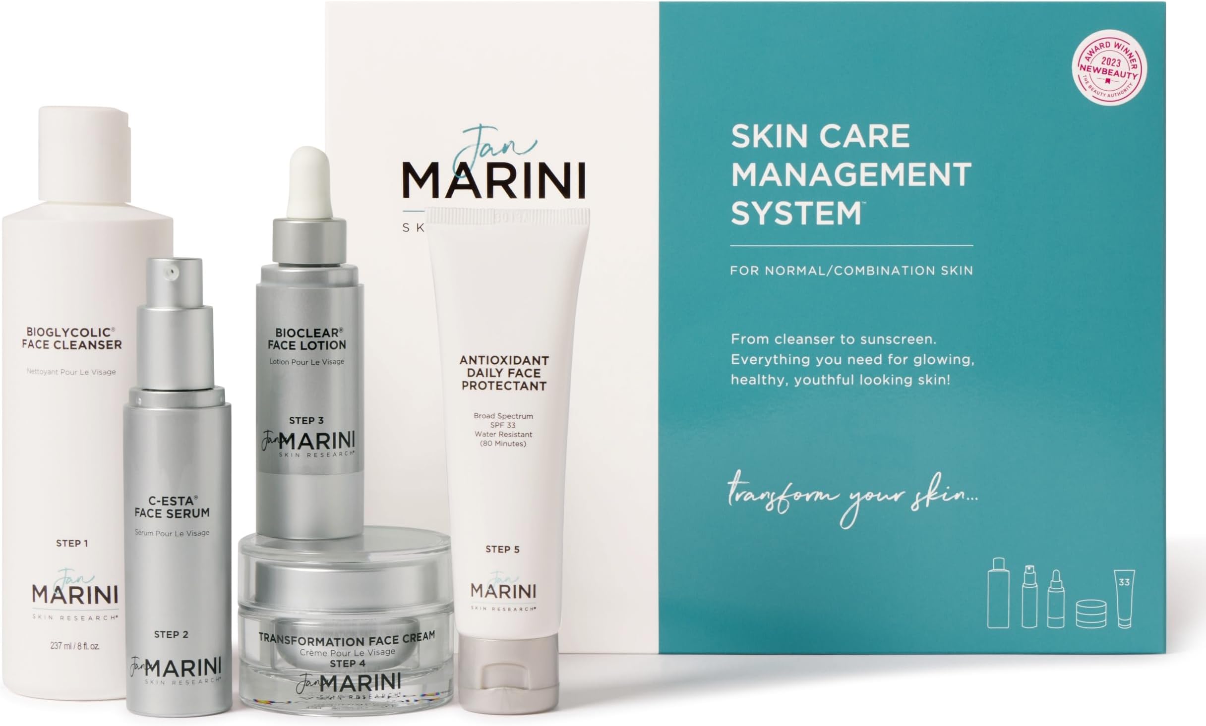 Jan Marini Skin Research Care Management System Normal/Combo with Antioxidant Daily Face Protectant, 5 Piece Set