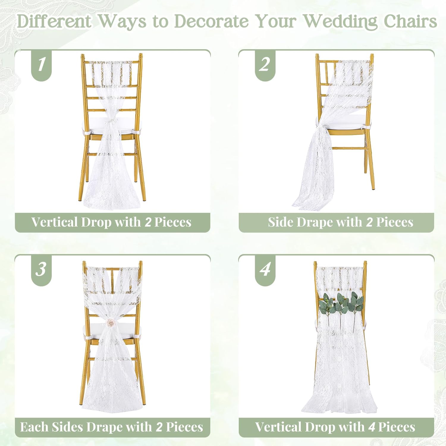 Fanqisi 32 Pack White Chair Sashes: 8ft Lace Chair Cover Wedding Aisle Decorations Vintage Embroidered Chair Bows for Party Reception Dinning Decor 9.5 x 94.5 inch