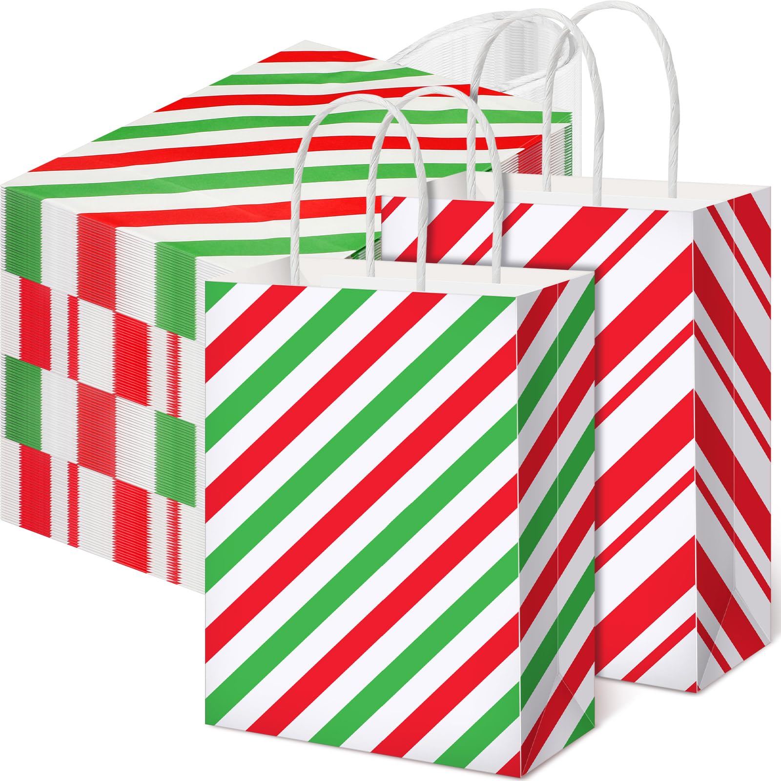 Mooliwe 100 bolsas de regalo de Navidad a granel, bolsas de regalo a rayas rojas y blancas con asa, bolsas de regalo de Navidad, bolsas de regalo a rayas rojas y verdes para suministros de fiesta de