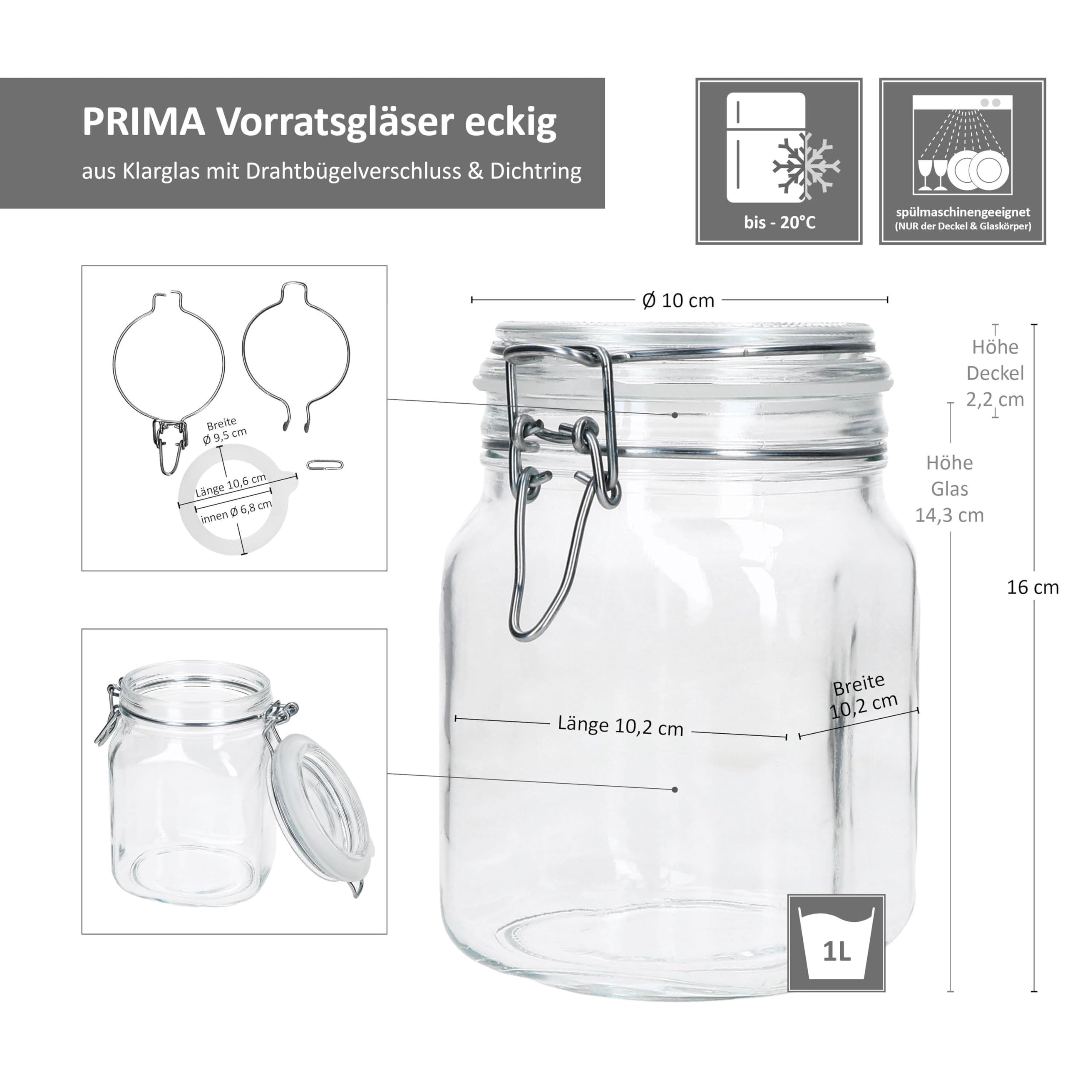 MamboCat Prima Lot de 6 bocaux de conservation hermétiques carrés I 1 l I Bocaux en verre avec fermeture à étrier I Idéal pour la mise en conserve, la fermentation et le stockage