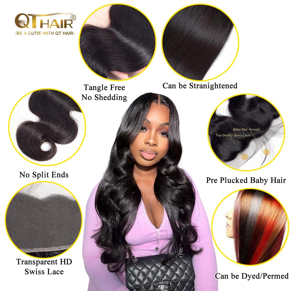 QTHAIR 18A Grade Body Wave 13x4 Ear to Ear HD Lace Frontal(24",80g,Natural Black Color)100% Unprocessed Brazilian Human Hair Lace Frontal Pre Plucked Natural Hairline with Baby Hair