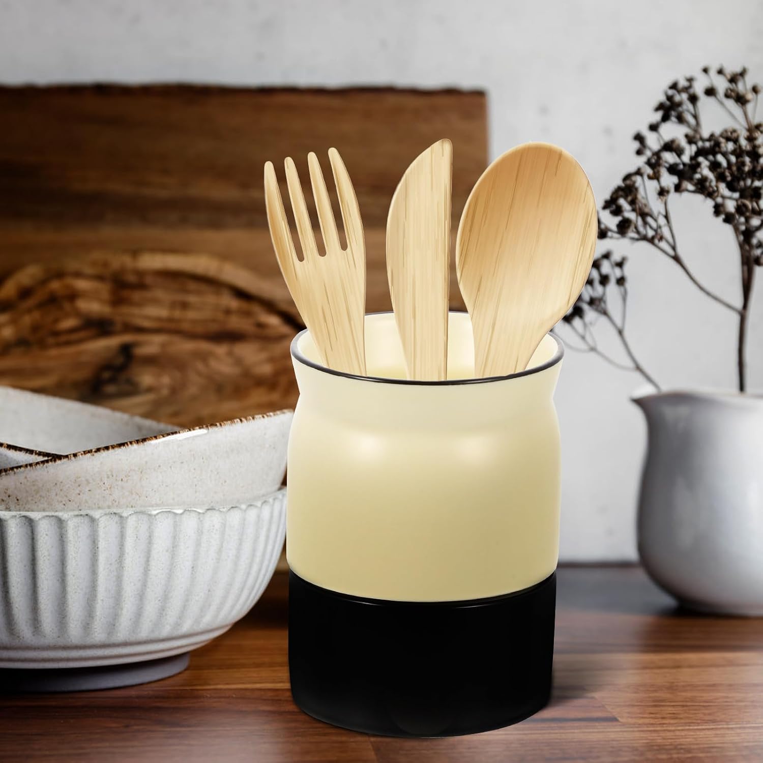 VICASKY Ceramic Utensil Holder Flatware Storage Bucket with Drainage, Black and White Nordic Style Cutlery Organizer for Kitchen Countertop