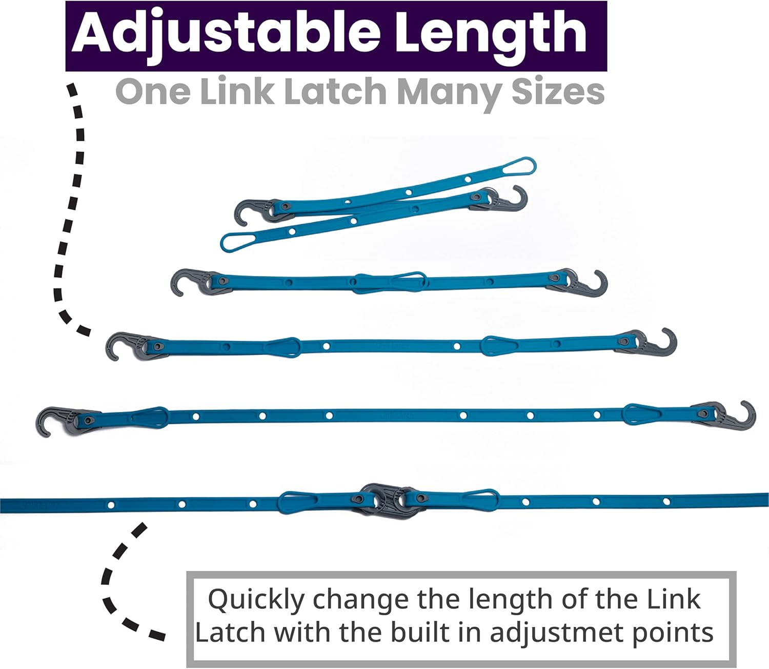 Mella Link Latch Multi-Configuration Adjustable Bungee Cords with Hooks - Flat Silicone Bungee Straps with Hooks - Expandable 8"-36" Bungee Tie Down Fastening System (3-Pack)