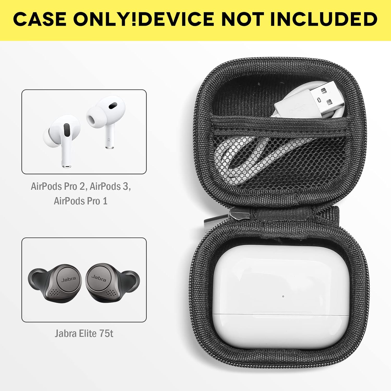 ProCase Compatible for AirPods Pro 2 2022 / AirPods 3 2021 / AirPods Pro 1 / Jabra Elite 75t / Beats Studio Buds, Hard Travel Carrying Case Storage Pouch Bag for Earbuds Earphones Headphones -Black - Image 2