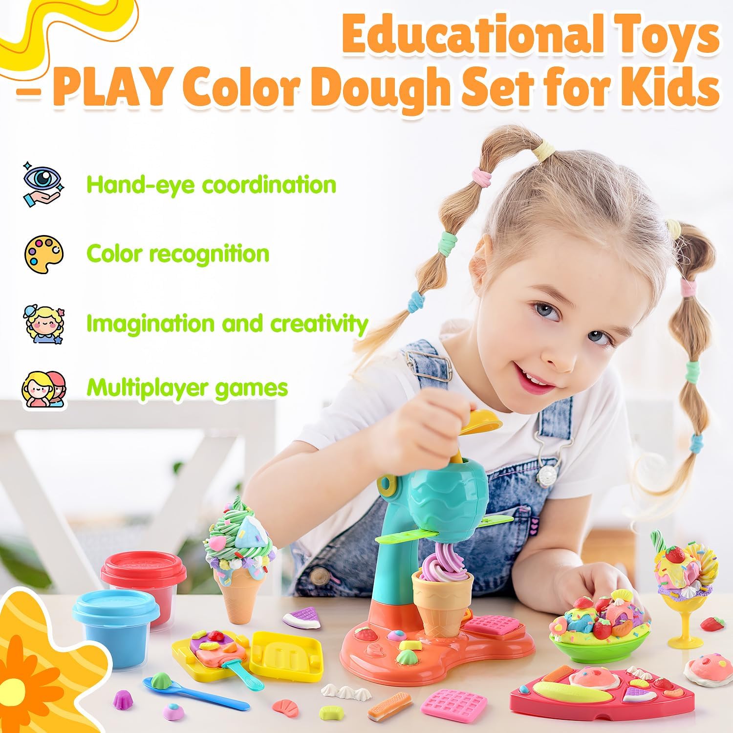 PLAY Clay Dough Set with Ice Cream Maker Machine/Noodle Maker/Banana Split Ice Cream Mold Kitchen Creations Arts Crafts Play Food Toys Tools Kit for Boys Girls Kids Toddlers Ages 3+