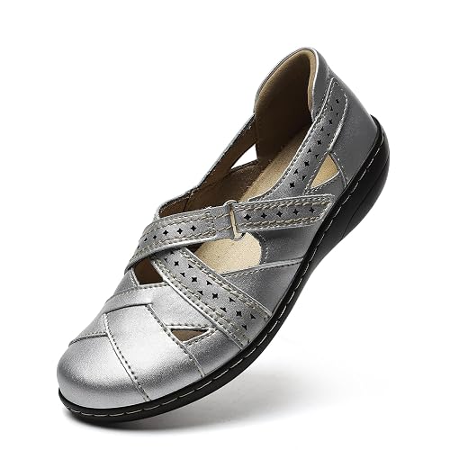 TERRIKAT Women's Casual Loafers Cute Slip On Comfort Walking Flats Leather Driving Moccasins Fashion Closed Toe Boat Shoes - 10 - Silver