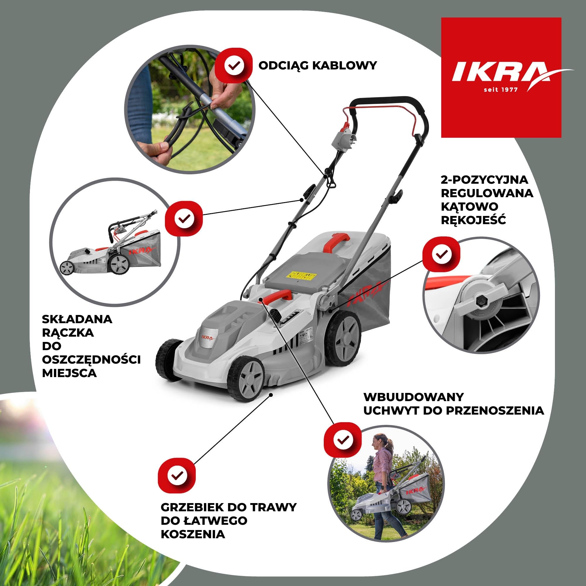 IKRA Kosiarka elektryczna IERM 1638-1, 1600W, szerokość koszenia 38cm | 2-stopniowa regulacja uchwytu, wysokość koszenia 30–75 mm, kosz 42 l, hartowany nóż, z funkcją składania