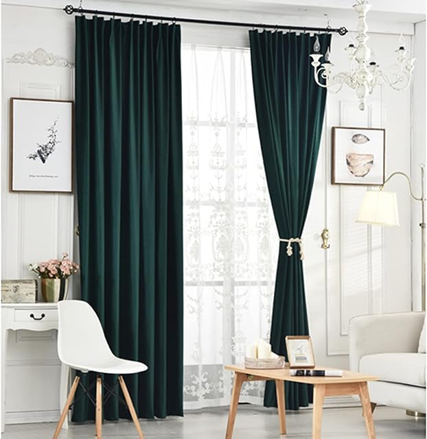 Siunwdiy Green curtains,2 pieces Nordic Luxury Velvet Curtains,pencil pleat Tape Top Insulated Pair of blackout curtains bedroom living room,Dark green,250X270cm