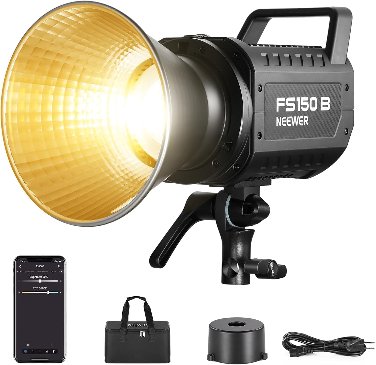 NEEWER FS150B LED lampa wideo ze sterowaniem 2,4 G/aplikacją, 130 W Bi Color COB, cicha praca, światło ciągłe COB Bi-Color Studio z 4 rodzajami precyzyjnego ściemniania, 72000 lux/1 m 2700K-6500K CRI